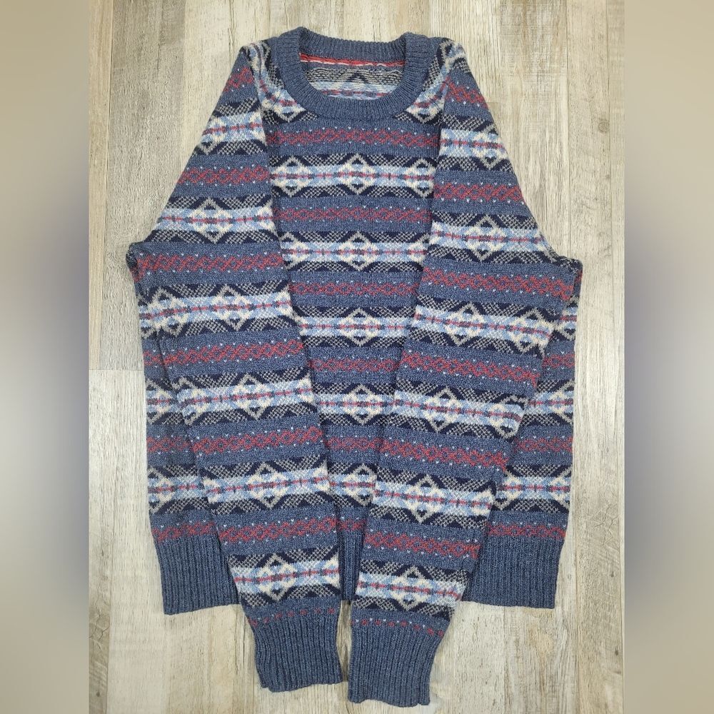 Lambs wool J.Crew Fair Isle Sweater w/m Blue Excellent E3670 Crewneck - Picture 4 of 9